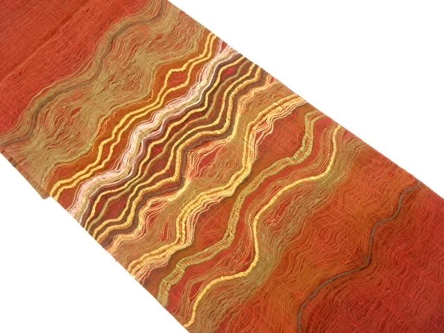 手織り紬　変わり横段模様織り出し袋帯